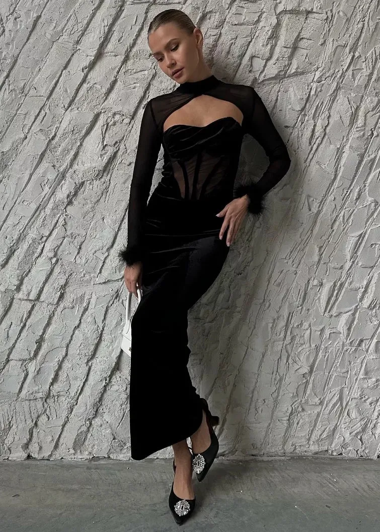 Ada Fuzzy Trim Velvet Dress