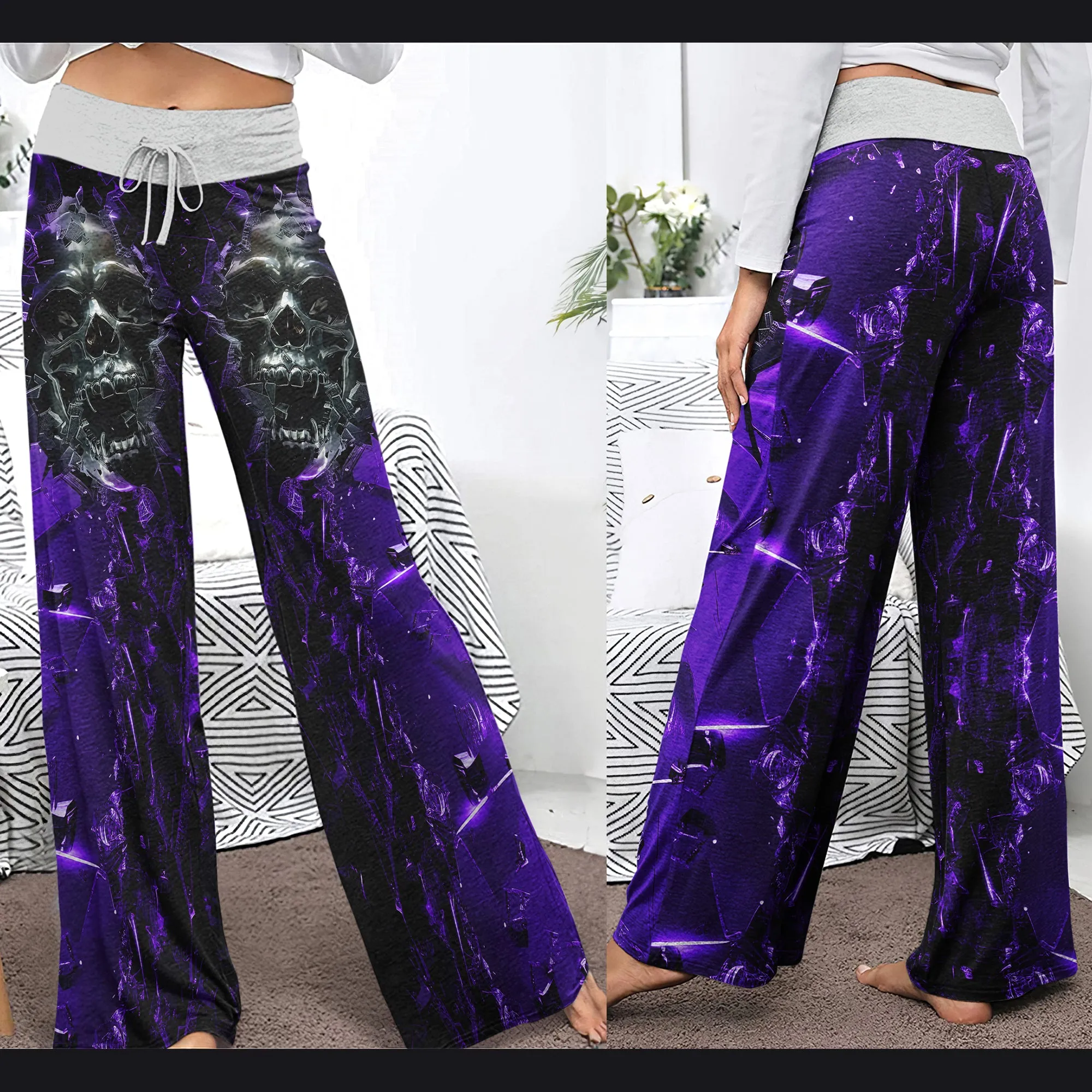 Purple Skull Broken Mirror Women's High-waisted Wide Leg Pants
